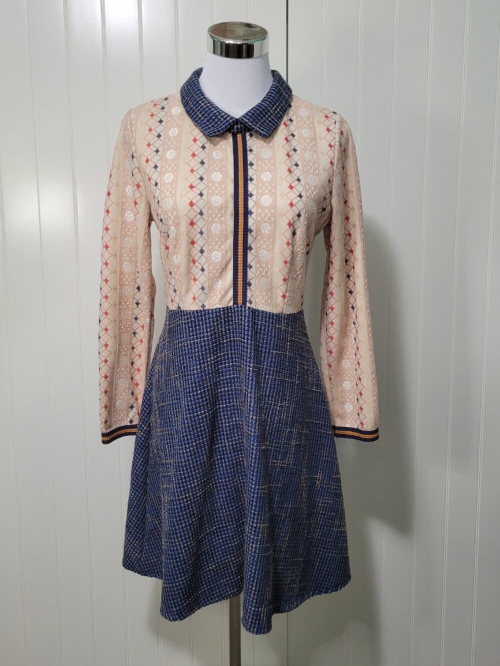 Academia Retro Mod 60s 70s Twee Tweed Lace Argyle Peter Pan Collar Mini Dress